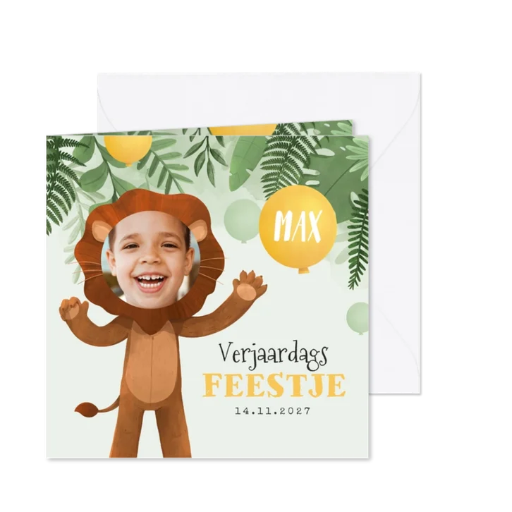 Kinderfeestje uitnodiging jungle leeuw ballonnen