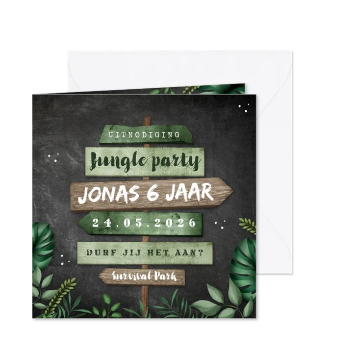 Kinderfeestje uitnodiging jungle wegwijzers krijt
