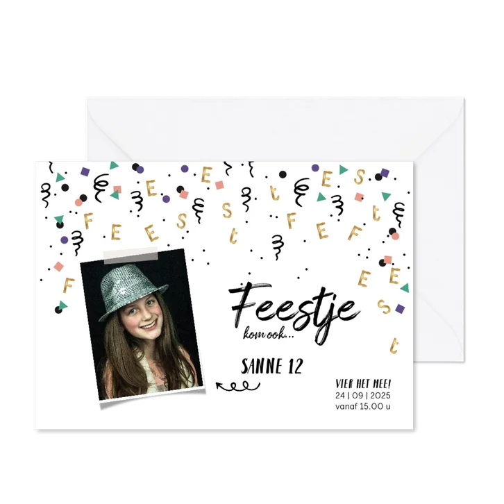 Kinderfeestje uitnodiging meisje feest confetti goud