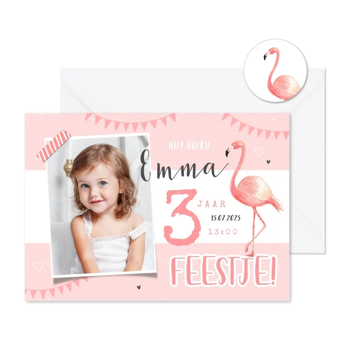 Kinderfeestje uitnodiging meisje flamingo lief hip foto