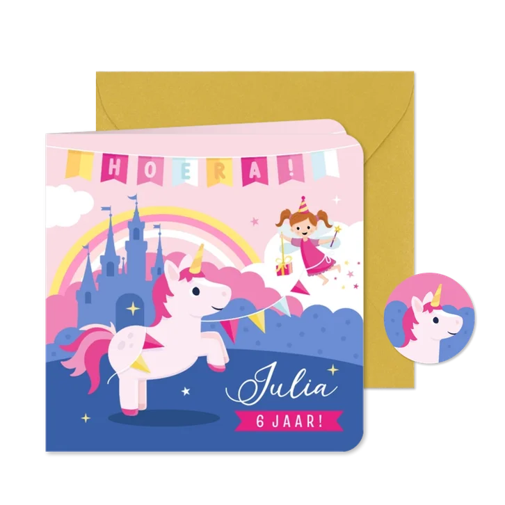 Kinderfeestje uitnodiging meisje met lieve eenhoorn en fee