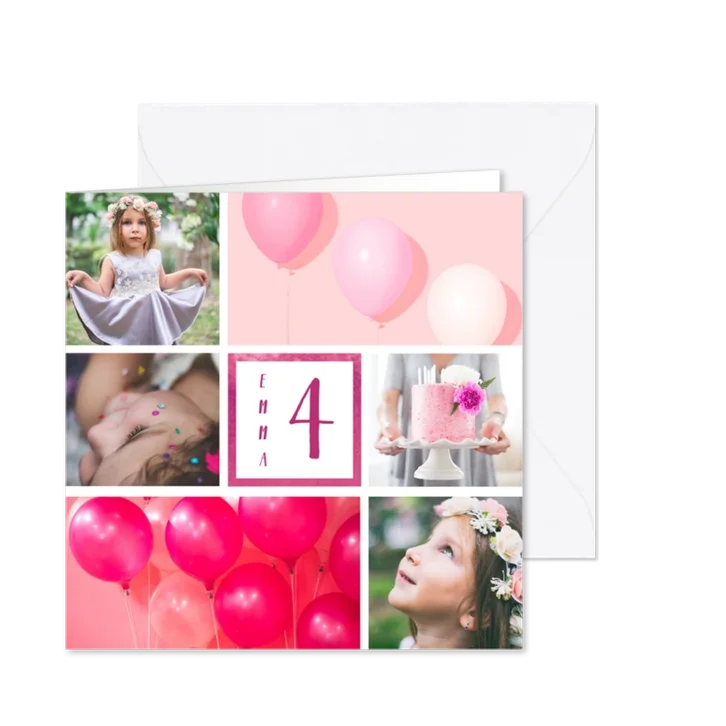 Kinderfeestje uitnodiging met 6 foto's roze