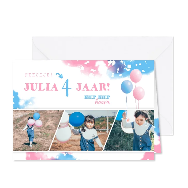 Kinderfeestje uitnodiging met fotostrip en ballonnen