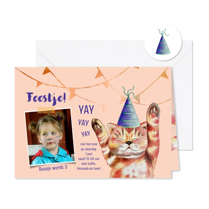 Kinderfeestje uitnodiging met juichende kat