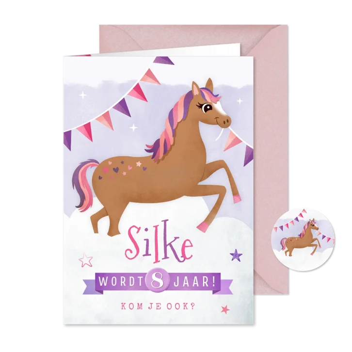 Kinderfeestje uitnodiging met lief paard en slingers