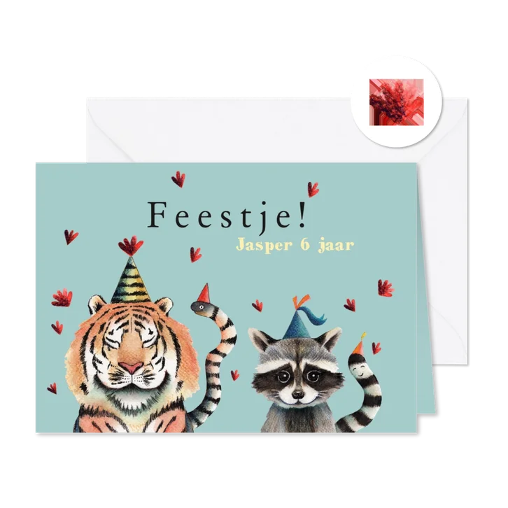 Kinderfeestje uitnodiging met tijger en wasbeer