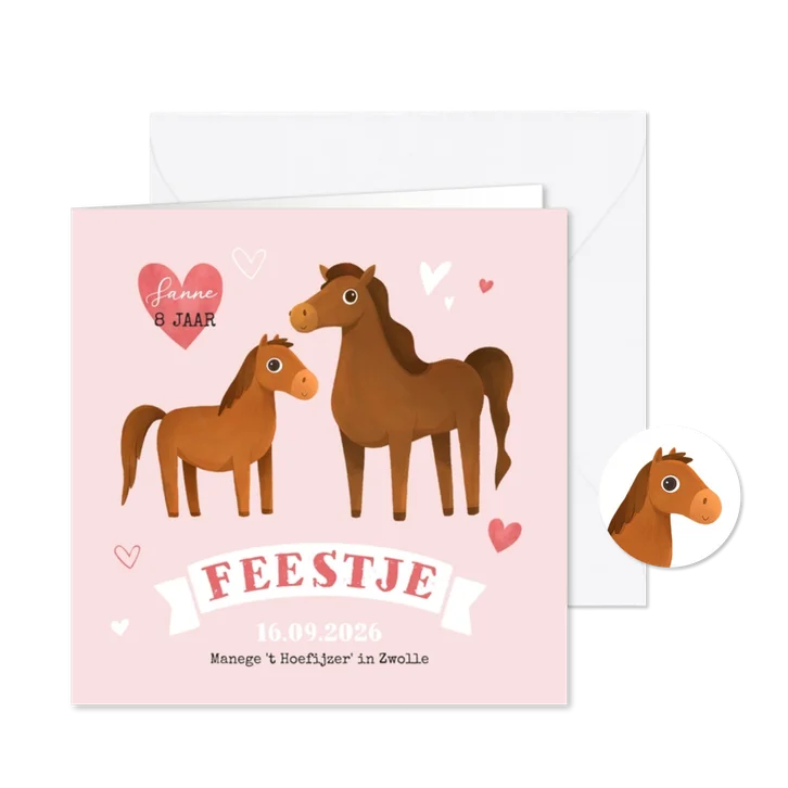 Kinderfeestje uitnodiging paarden paardrijden dieren hartjes