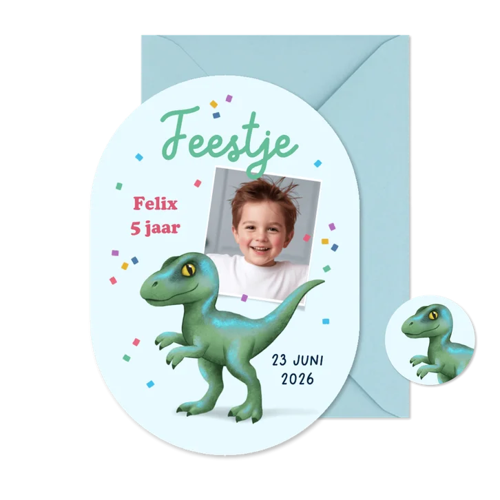 Kinderfeestje uitnodiging pilvorm dino raptor confetti foto