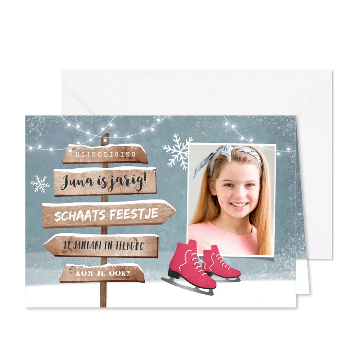 Kinderfeestje uitnodiging schaatsen wegwijzers winter