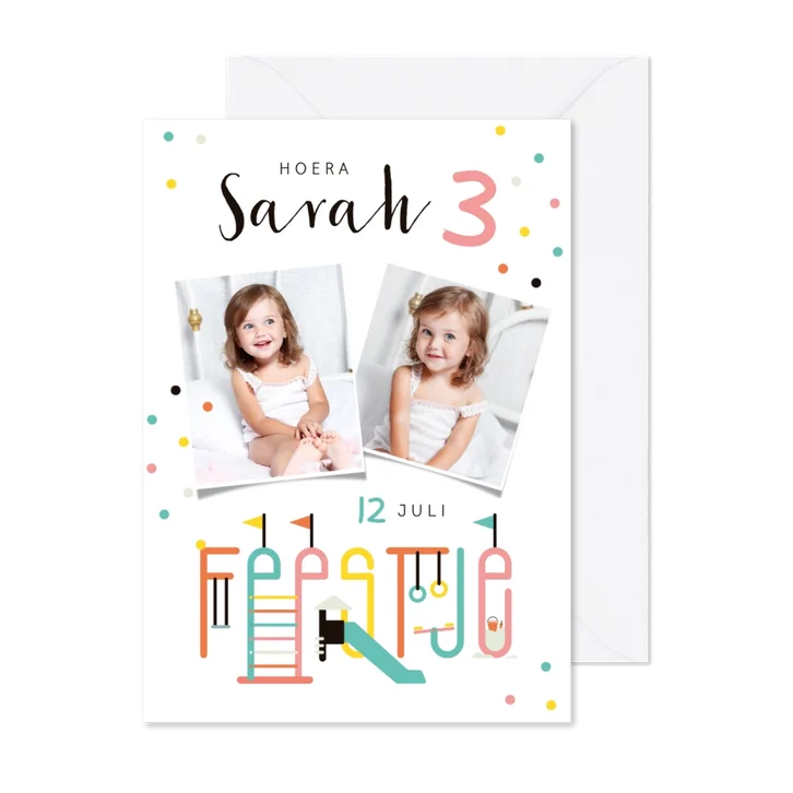 Kinderfeestje uitnodiging speeltuin confetti vrolijk foto