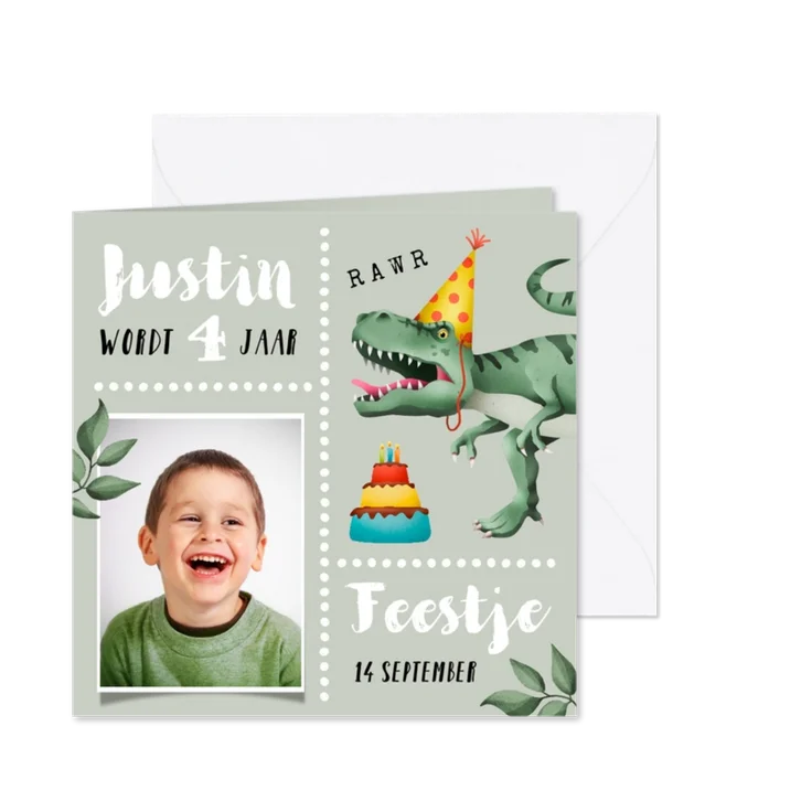 Kinderfeestje uitnodiging stoer met T-rex en taart