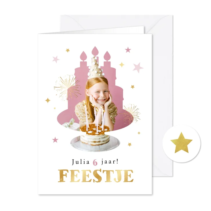 Kinderfeestje uitnodiging taart foto sterren goud