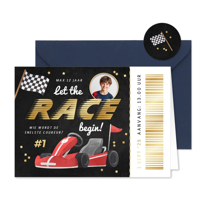 Kinderfeestje uitnodiging ticket racen karten foto stoer
