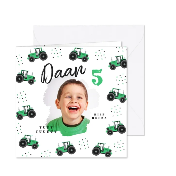 Kinderfeestje uitnodiging tractor hip confetti foto groen