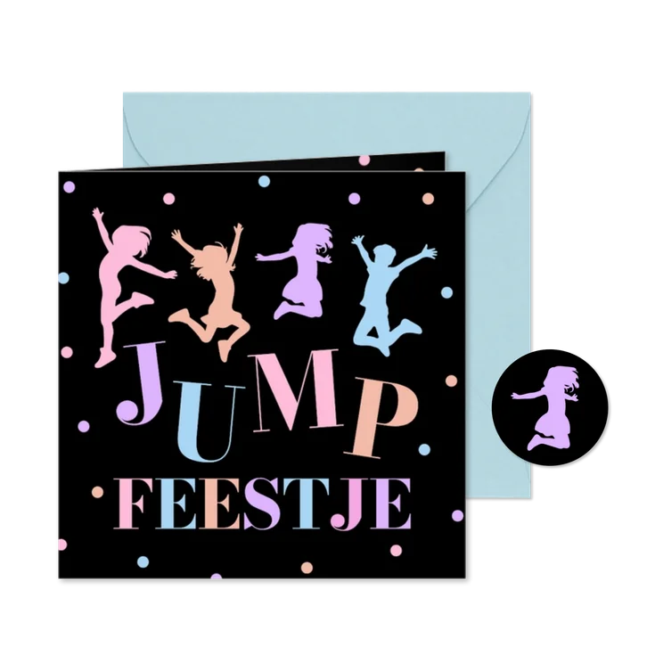 Kinderfeestje uitnodiging trampoline springen zwart