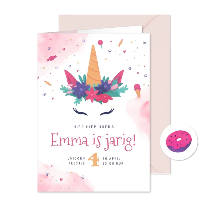 Kinderfeestje uitnodiging unicorn eenhoorn waterverf snoep