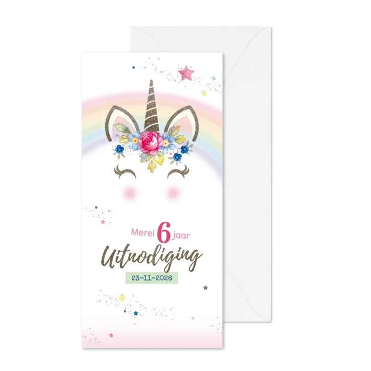 Kinderfeestje uitnodiging unicorn met bloemen en sterren