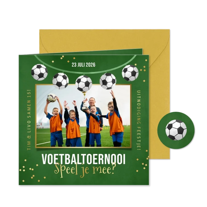 Kinderfeestje uitnodiging voetbaltoernooi confetti foto