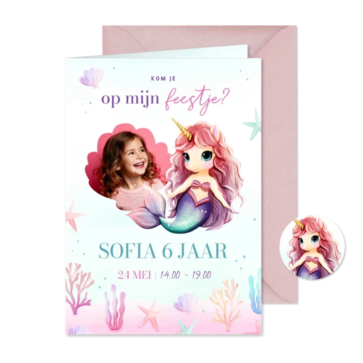 Kinderfeestje uitnodiging zeemeermin unicorn met foto