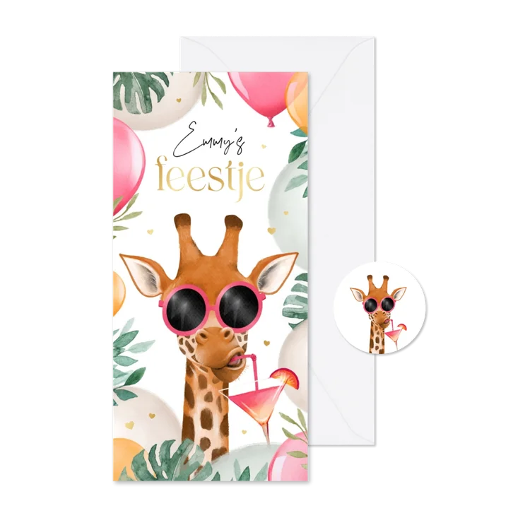Kinderfeestje uitnodiging zomer giraf jungle ballonnen tuin