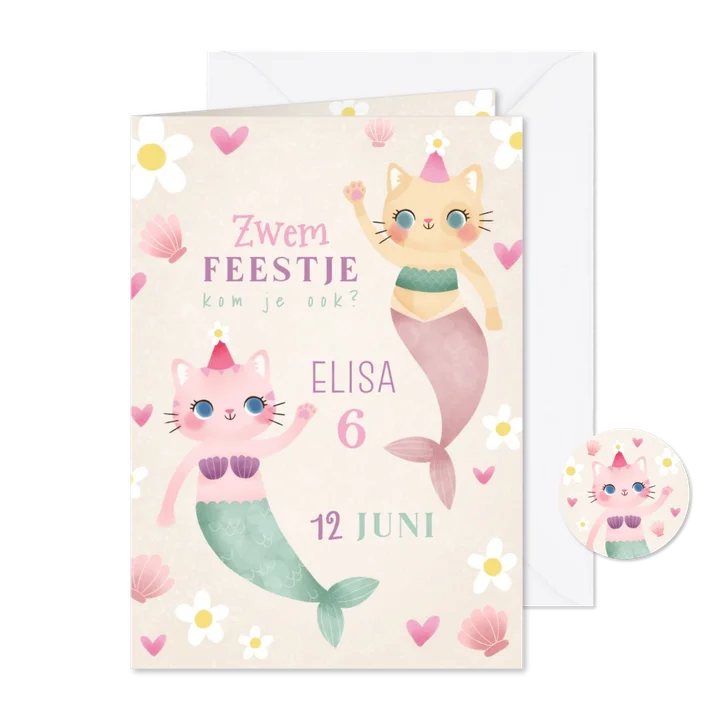 Kinderfeestje uitnodiging zwemfeestje katten zeemeerminnen