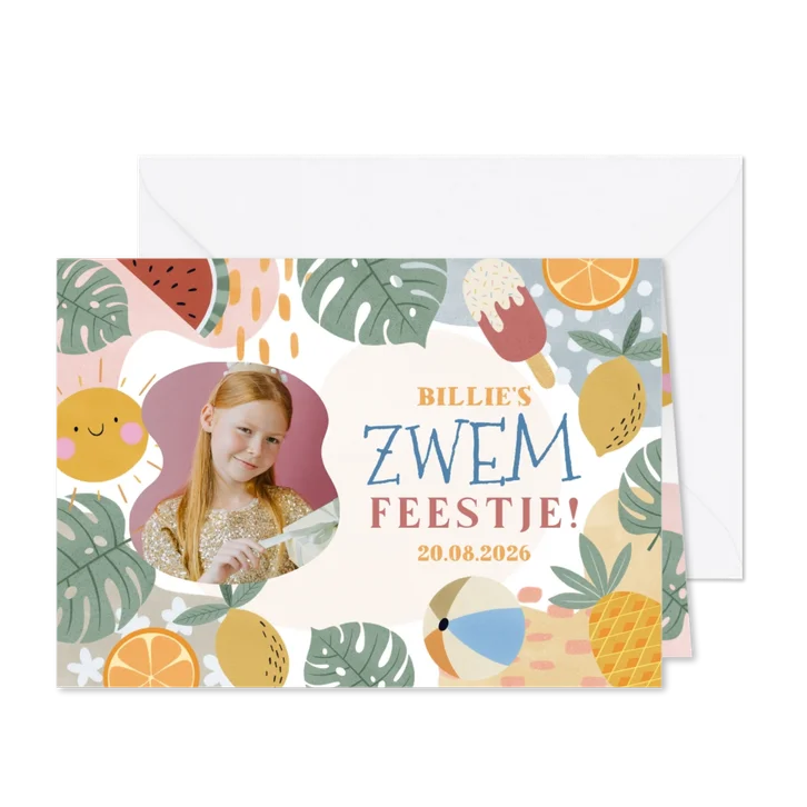 Kinderfeestje uitnodiging zwemfeestje tropisch met foto