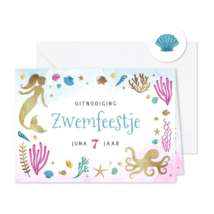 Kinderfeestje uitnodiging zwemfeestje zeemeermin goud water