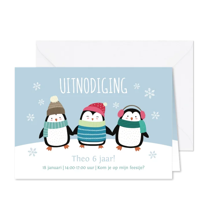 Kinderfeestje uitnodigingskaart pinguïns blauw