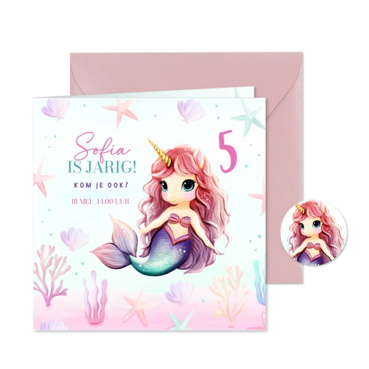 Kinderfeestje zeemeermin unicorn uitnodiging