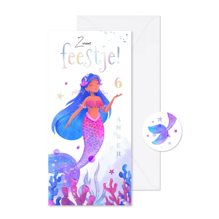 Kinderfeestje zeemeermin waterverf feestje zwemmen koraal