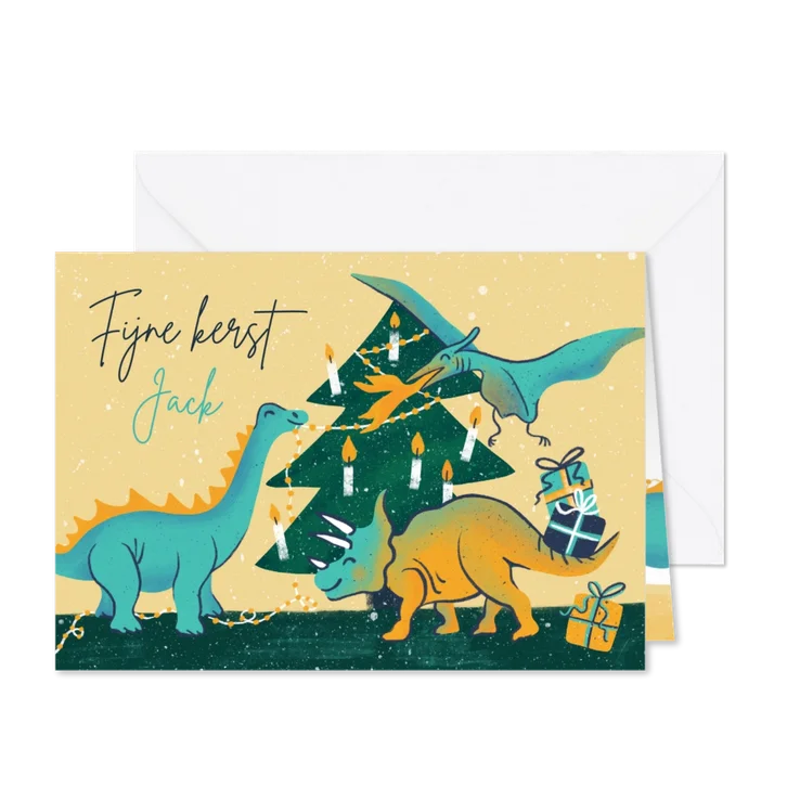 Kinderkerstkaart dino's versieren boom