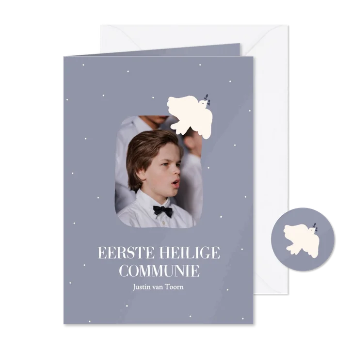 Klassiek blauw communiekaartje met vredesduifje