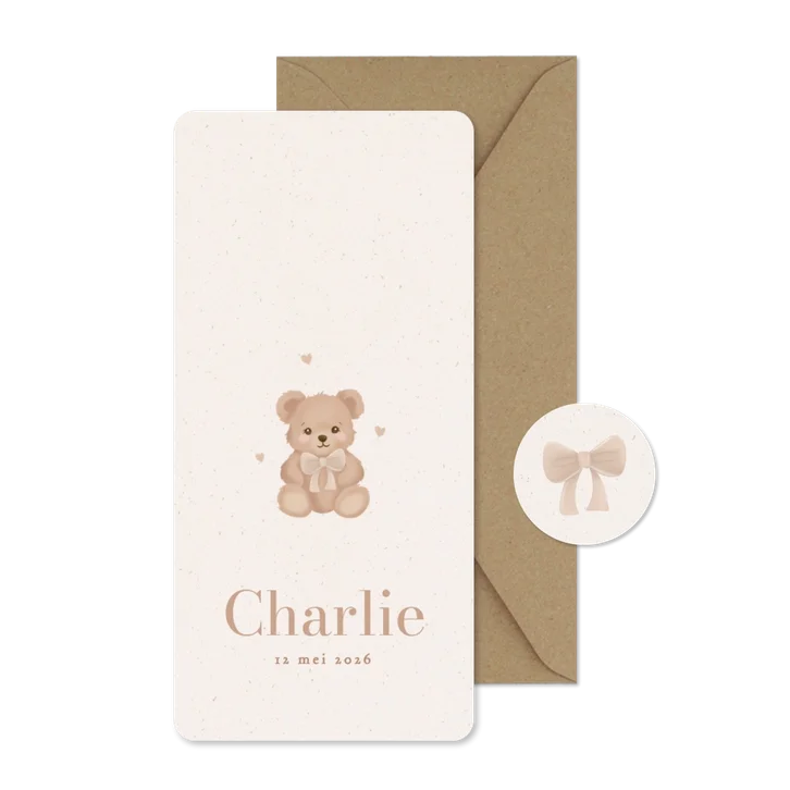 Klassiek geboorte kaartje met teddybeer met beige strikje
