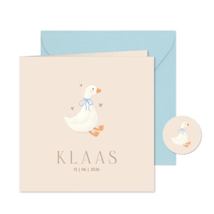 Klassiek geboortekaartje gansje strikje jongen beige