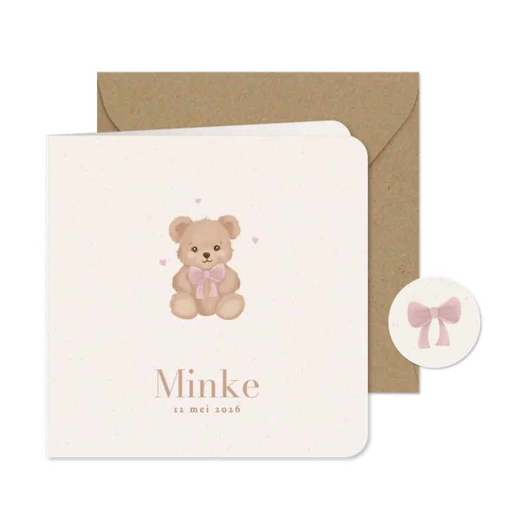 Klassiek geboortekaartje knuffel beer roze strikje