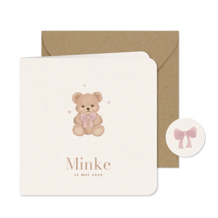 Klassiek geboortekaartje knuffel beer roze strikje