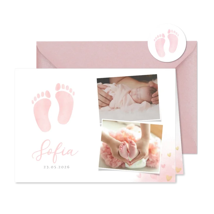 Klassiek geboortekaartje meisje - waterverf voetjes en foto