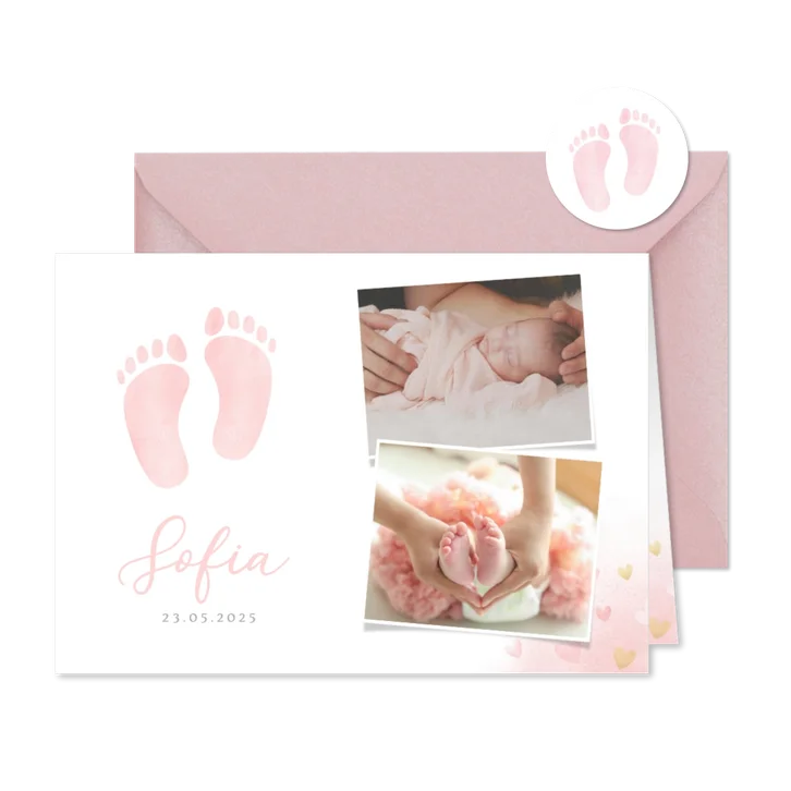 Klassiek geboortekaartje meisje - waterverf voetjes en foto