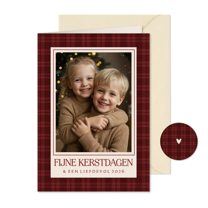 Klassiek kerstkaartje ruitjespatroon rood met foto