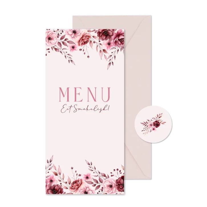 Klassiek menukaartje bruiloft in roze met waterverf rozen