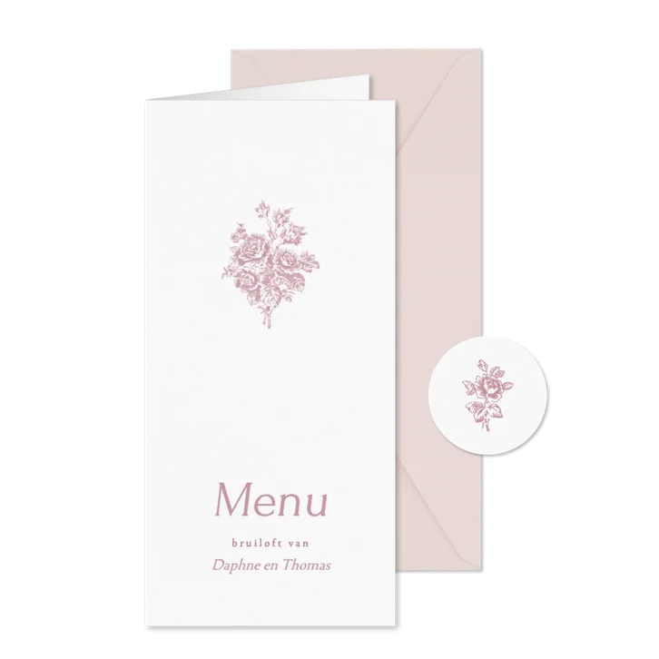Klassiek menukaartje wit met vintage roze bloemen