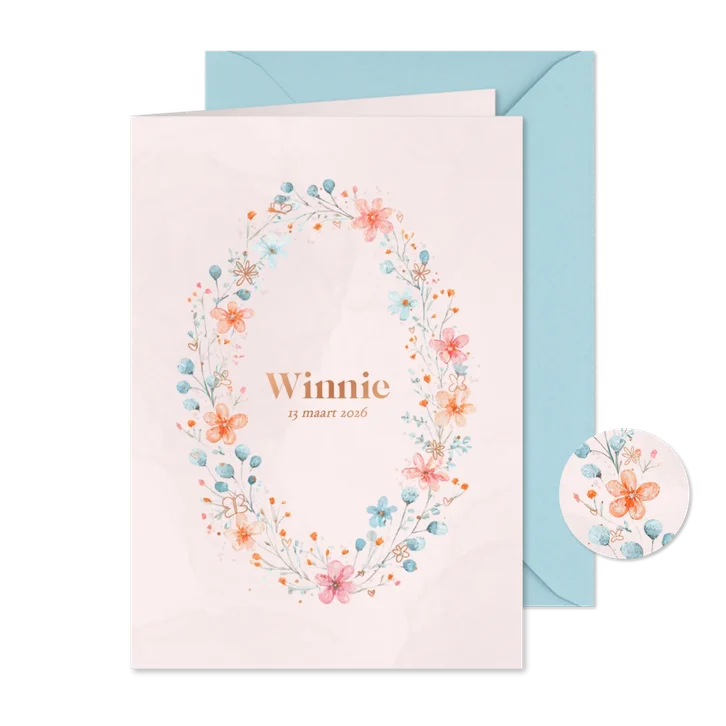 Klassiek roze geboortekaartje waterverf bloemen koperfolie