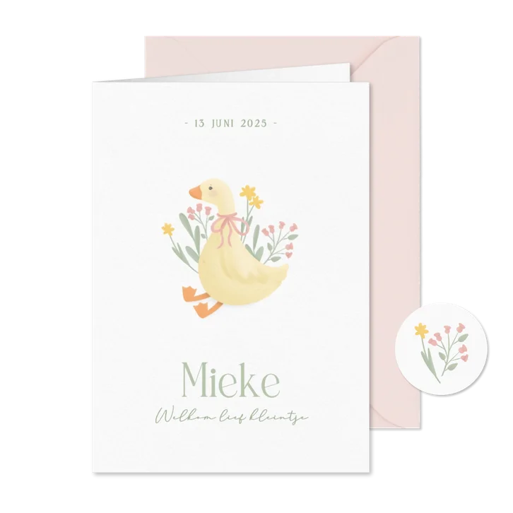 Klassiek wit geboortekaartje meisje met gansje en bloemen