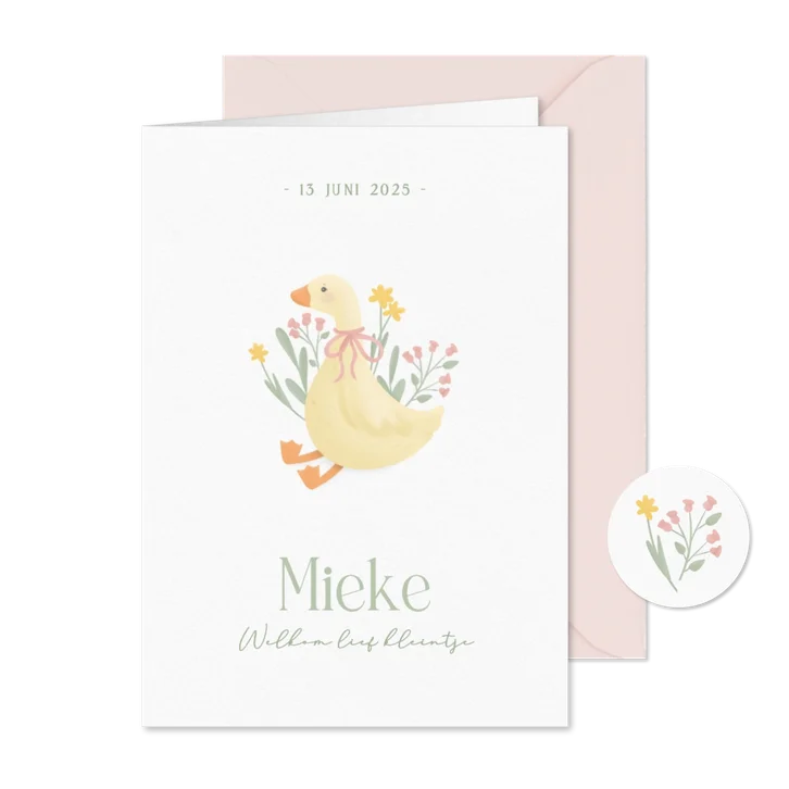 Klassiek wit geboortekaartje meisje met gansje en bloemen
