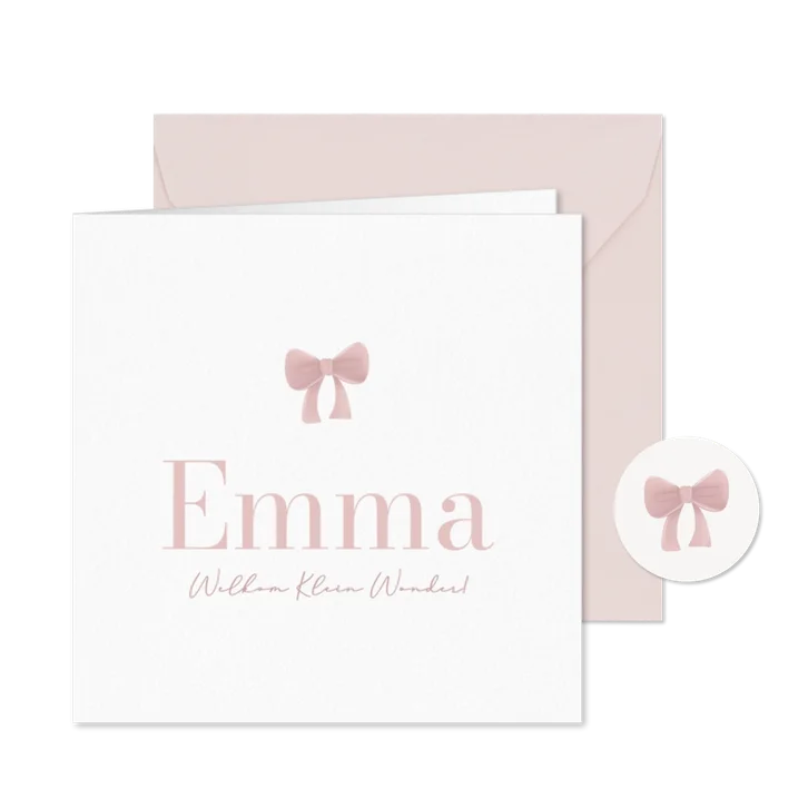 Klassiek wit geboortekaartje met strik roze
