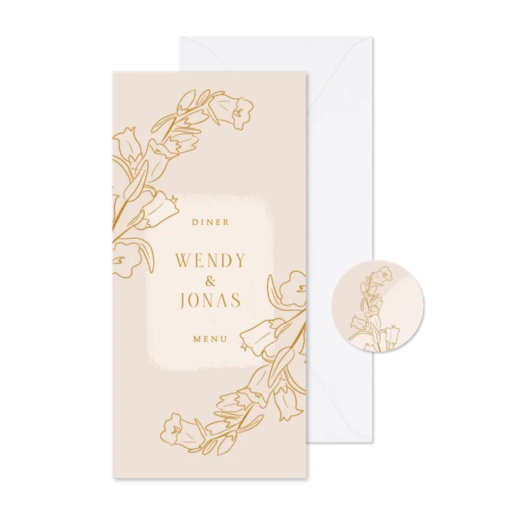 Klassieke beige menukaart met lijnillustratie van bloemen