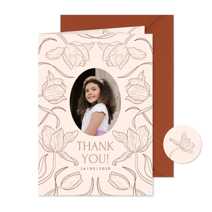 Klassieke communiekaart bedankt met foto en tulpen