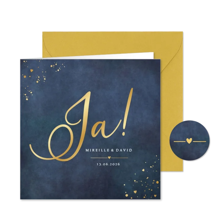 Klassieke donkerblauwe Ja trouwkaart uitnodiging met goud