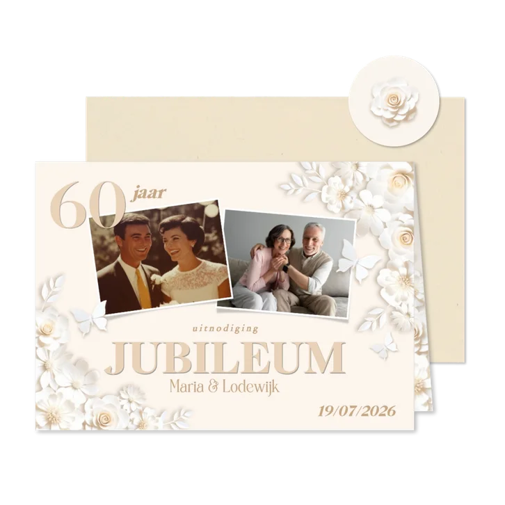 Klassieke fotokaart huwelijksjubileum met witte bloemen en v