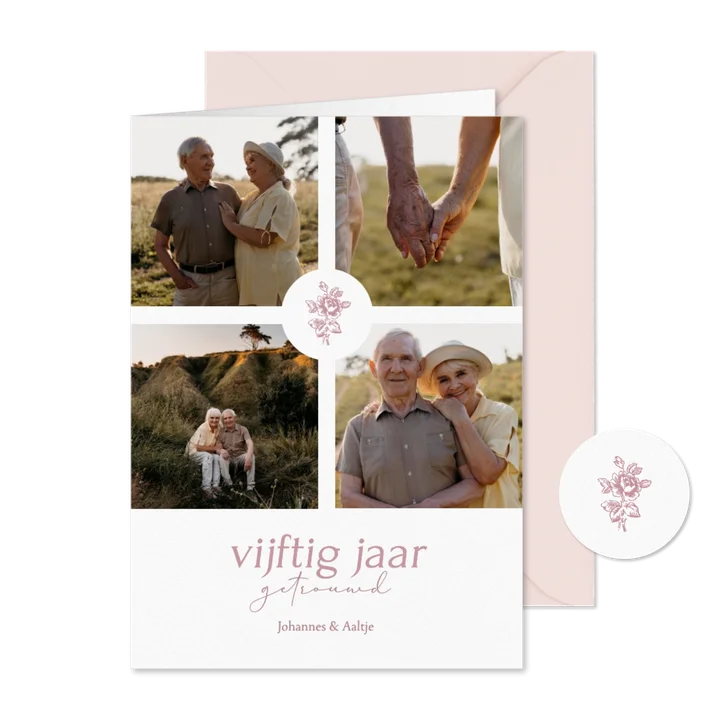 Klassieke jubileum uitnodiging met vintage roosje en foto's